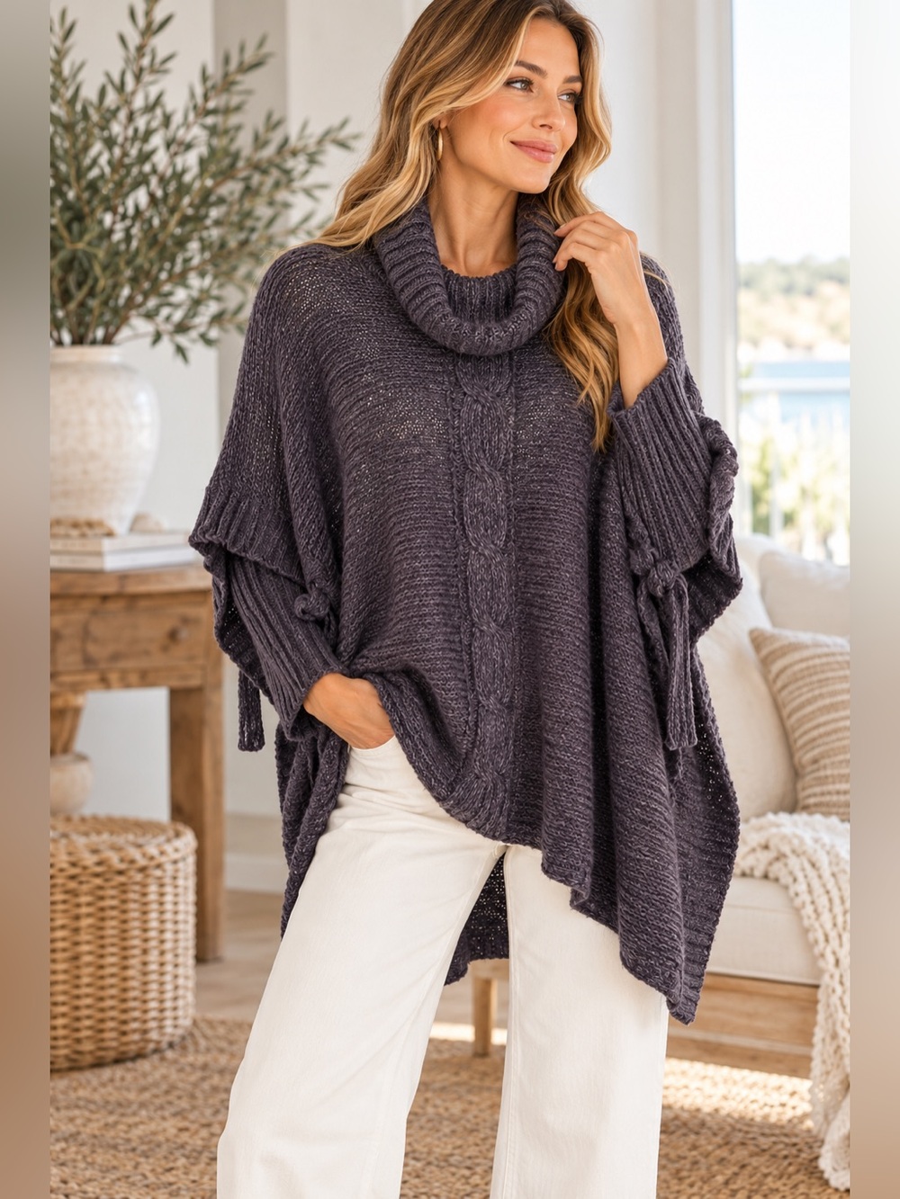 Cozy Cable-Knit Turtleneck Poncho Sweater - Charcoal